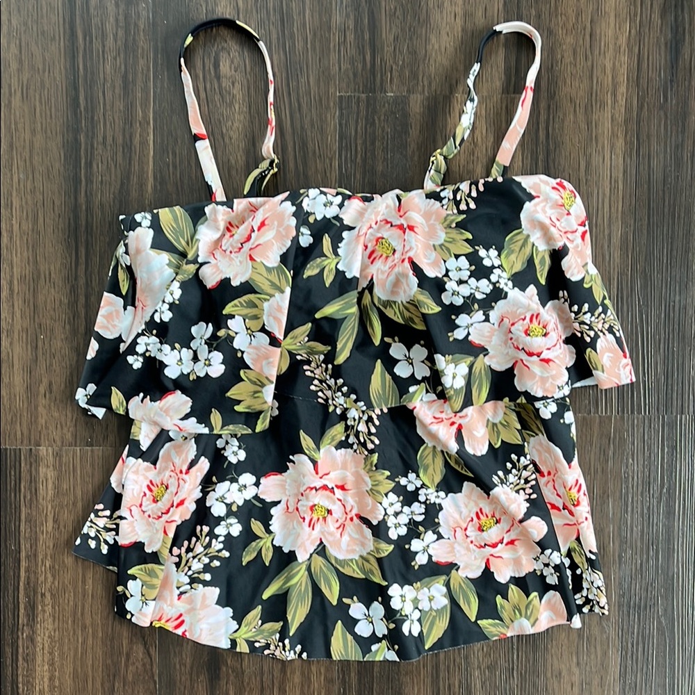 Floral bathing suit top with detachable straps for tankini or bandeau top